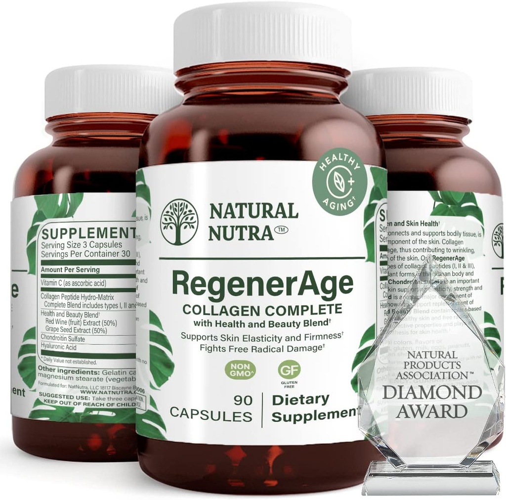 蛋白质Peptides的皮肤健康天然核素RegenerAge完整补充剂,减少伸缩标记,促进整体健康,维生素C,葡萄籽红酒提取,Gluten Free,90 Capsules.