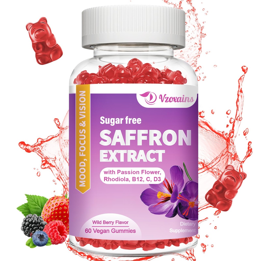 Saffron Gummys, 10 in 1 Saffron Supplements Gummys with Magnesium, Ashwagandha & Rhodiola Rosea, 糖无维根混合莓- 60 Cts