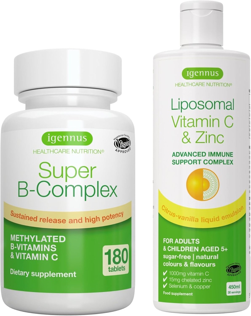 Super B-Complex + Liposomal Vitamin C 1000mg & Zinc Vegan Bundle, 甲基持续释放 B 复合体和高吸收液体免疫支持复合体, 作者: Igennus