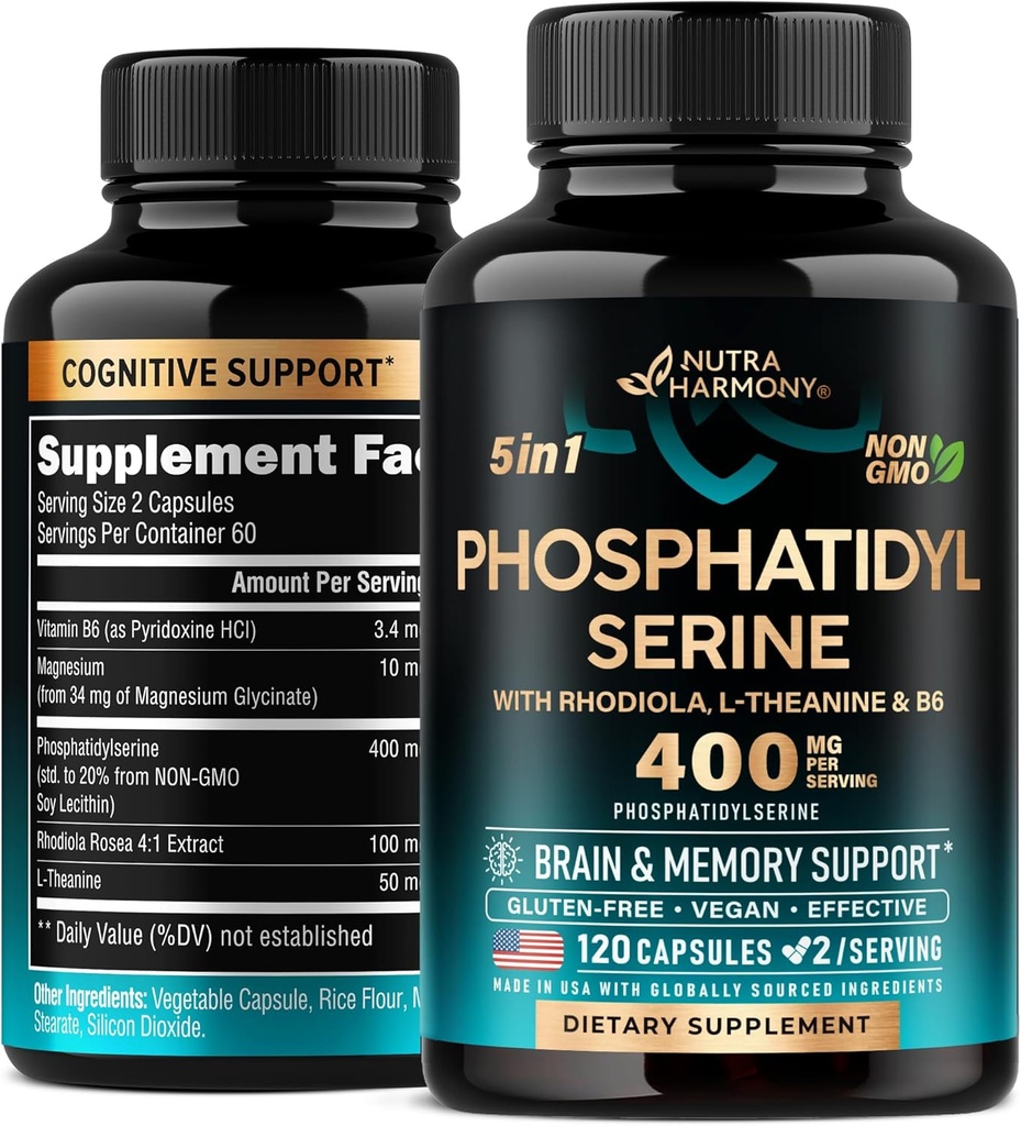 Phosphatidylserine 400 mg with L-Theanine, Magnesium & Vitamin B6, Rhodiola Rosea - Brain, Memory & Focus Support - Certified Non-GMO, Naturally Derived & Bioavailable - Made in USA - 120 Сapsules