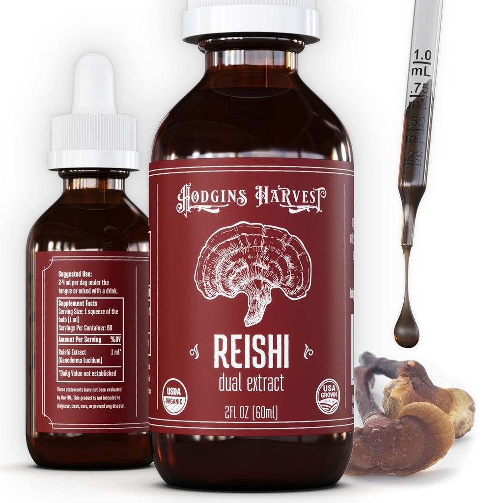 Hodgins 收获有机Reishi蘑菇 果实体提取剂 丁香 - 额外集中的双提取剂 补充剂 - 支持心脏健康与健康 - USDA 有机蘑菇 - 2 oz