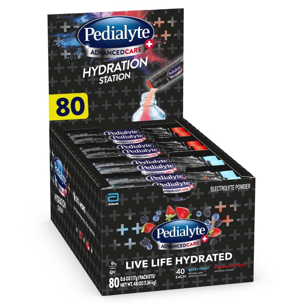 Pedialyte AdvancedCare Plus Electrolyte Powder, 拥有33%的电解质和前活性预生, 水力站变种, 80个粉末包