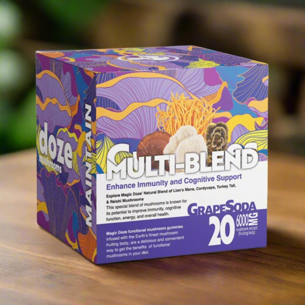 Magic DozeTM 维护:多蓝蘑菇口香糖,6000mg狮子的马内,Cordyceps,Reishi,土耳其的Tail果品体,20 Vegan Gummys Per Bottle