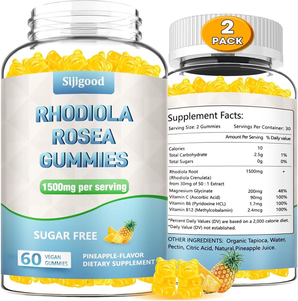2 Pack-Free糖 Rhodiola Rosea Gummys, 适应性Rhodiola Rosea Supplement & Cortisol Blocker for Endified Stamina, Mood Elevation, 和动机靴, Non-GMO, Vegan, 120 Counter