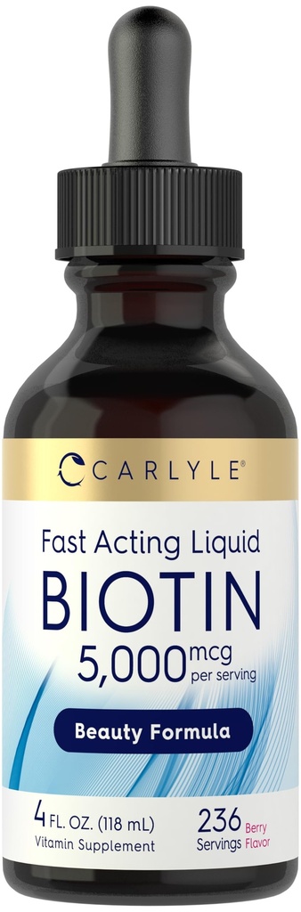 Carlyle Biotin 5000mcg 液滴 4 fl oz 女性和男性 Berry Flavor = 美方 = 蔬菜,非GMO和Gluten 免费补充品