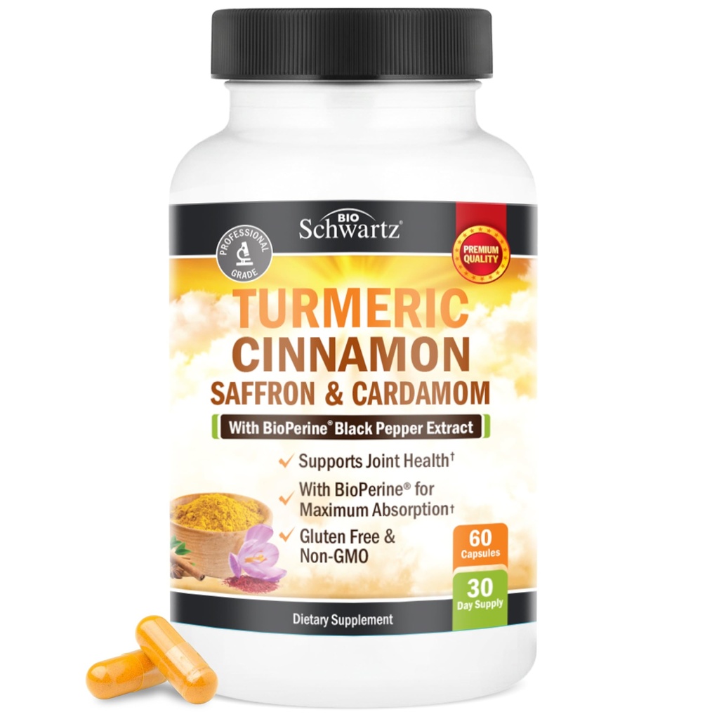用于最佳吸收的Turmeric Supplement 配有 Saffron, Cinnamon 和 Cardamom + BioPerine Black Pepper 提取, 天然 Tummeric Curcumin 男女联合支持补编, 60 Capsules