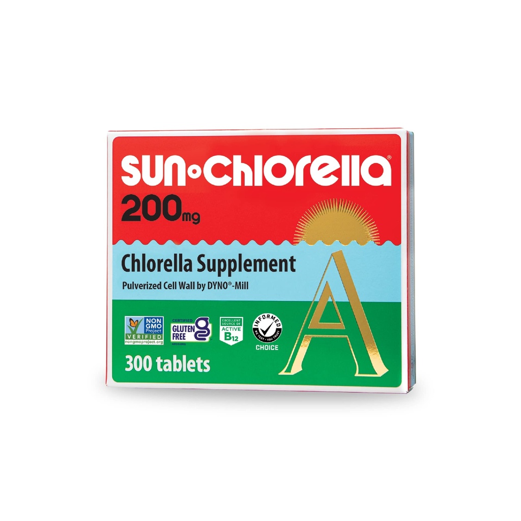Sun Chlorella 200 mg Green Algae Superfood Supplement - Pulverized Cell wall - 氯酚,CGF,活性B12,铁,蛋白质 - 非GMO - 300 平板电脑