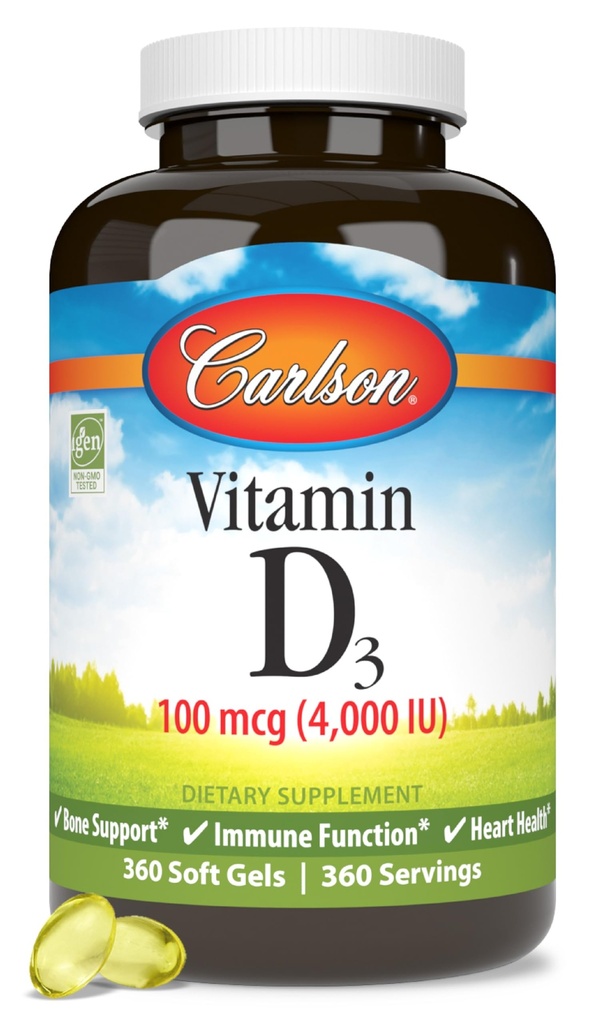 Carlson - 维生素D3,4000 IU (100 mcg), Bone & Immune Health, Colecalciferol 补编, Gluten Free Vitamin D Capsules, 360 Softgels (英语).
