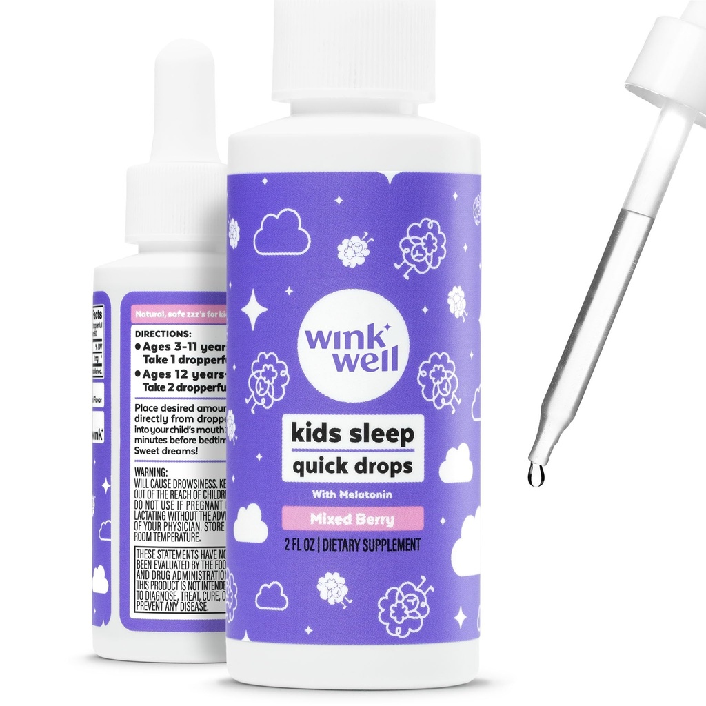 Wink Well Kids Liquid Melatonin Drops - 托德勒睡眠援助的天然婴儿睡眠滴,配有1mg Perervice - 非添加性儿童液体Melatonin - 2 Oz