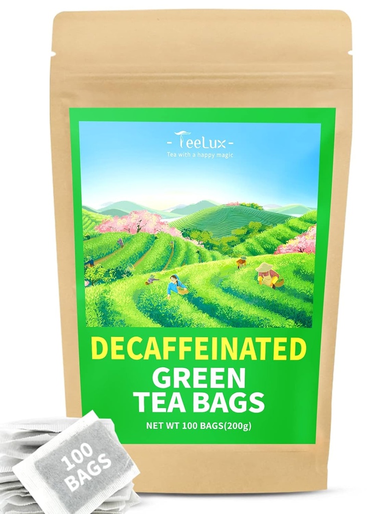 TeeLux 脱咖啡因绿色茶袋 纯脱咖啡因绿色茶 超级抗氧化剂 100个茶袋换热和冰茶