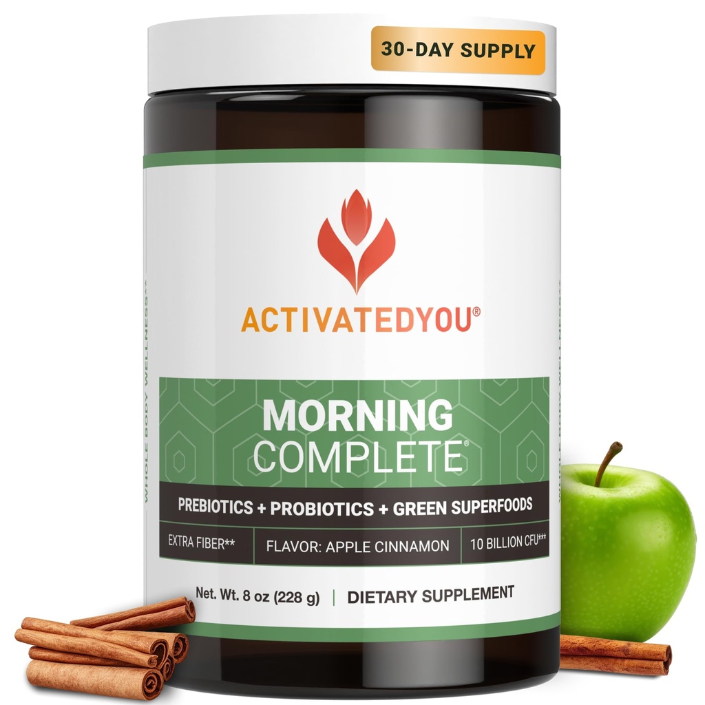 ActIVTED YOU Morning Supply Wellness Greens Superfood Drink Mix for Gut Health w/Prebiotics, Probiotics, 抗氧化剂, Green Superfoods, 10亿CFUs, 30 services (苹果肉桂)