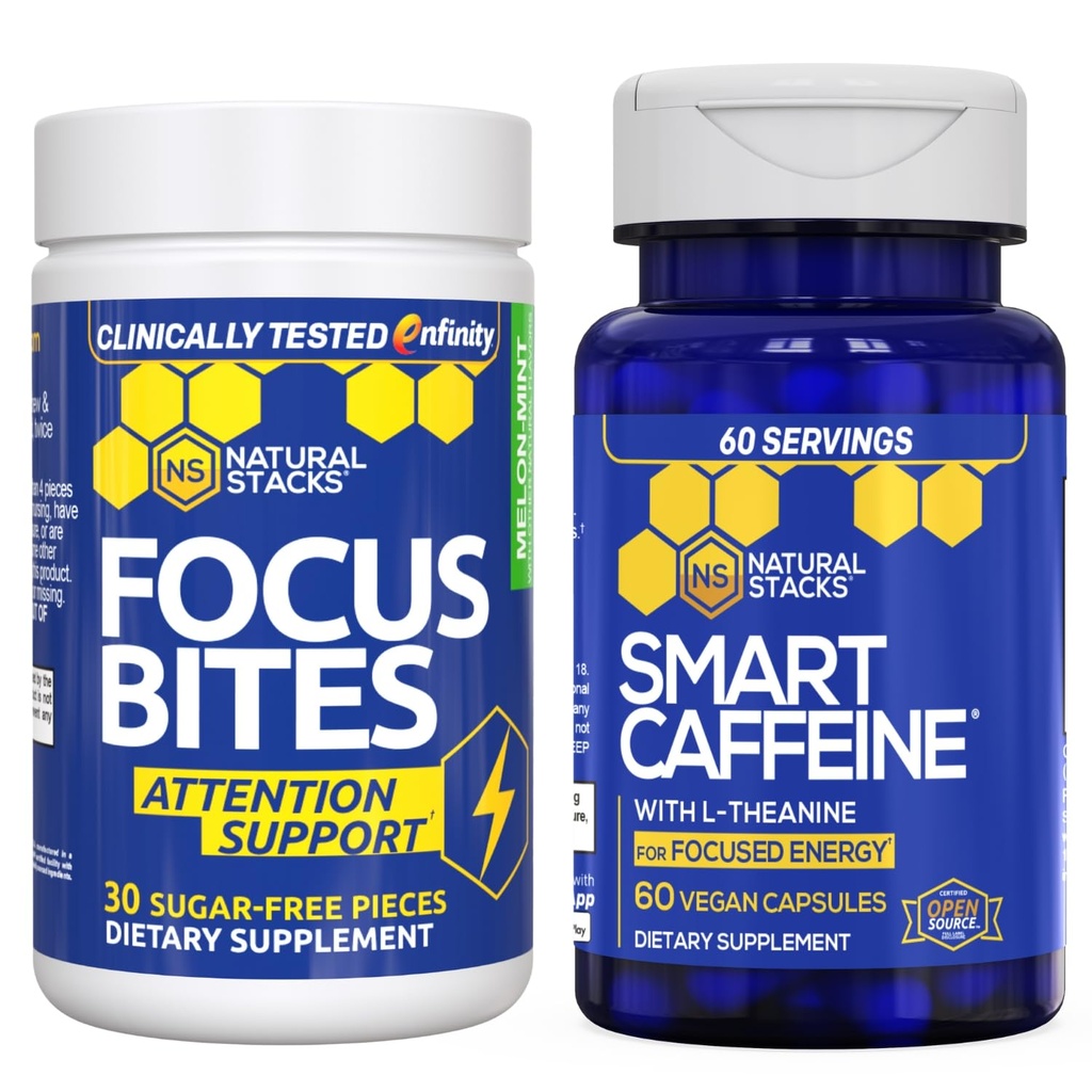 Natural STACKS 智能咖啡因 + Focus Bites Bundle - Cafeine & Paraxanthine 补充品 - 支持能量和焦点 * - 没有慢跑或崩溃 - 90片