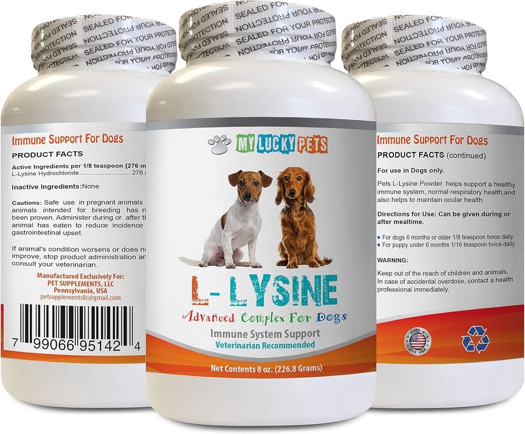 免疫系统狗食 - 狗 LYSINE 粉末 - 纯粉末形式 - 免疫系统支持 - Vet推荐 - 赖氨酸双强 - 1瓶(8oz 226.8克)