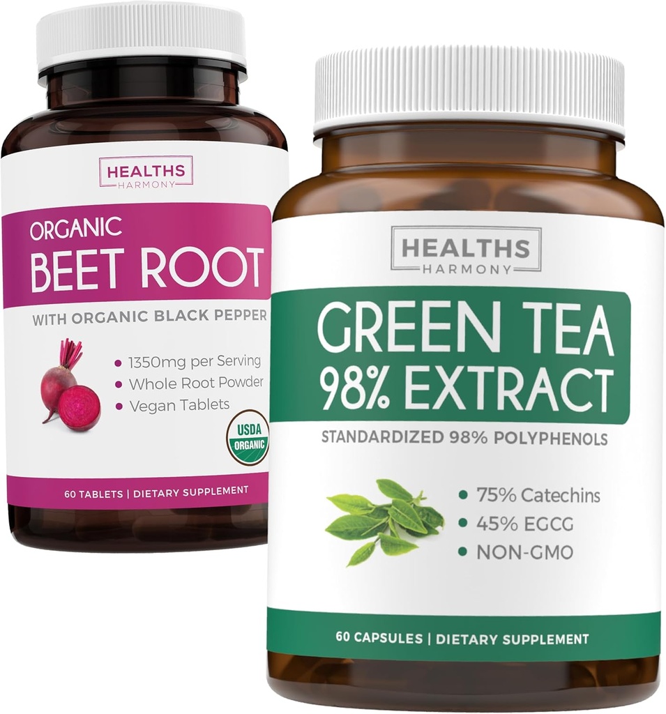 Beet Root & Green Tea Explain (1-Month Supplement) Dutox Power Duo - 有机 Beet Root with Black Pepper for acident 1250 mg (60  Tablets) & Green Tea Explain 98%,每服务EGCG 1000 mg (60 顶)