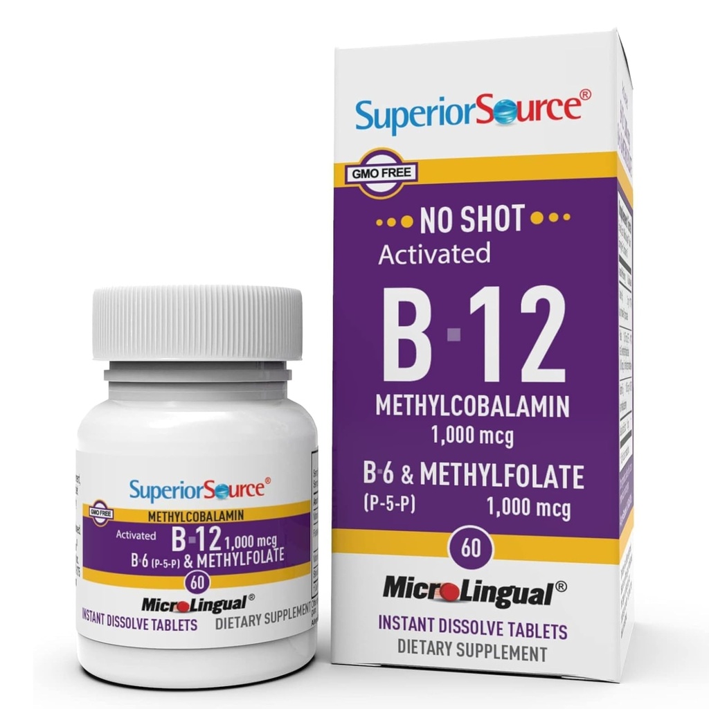 高级来源:没有注射维生素B-12 甲基Cobalamin 1000 mcg, B-6, & Methylfolate 1000 mcg - 支持能源、大脑和心脏健康 - 易用巴利亚语 - 60 亚语溶解片