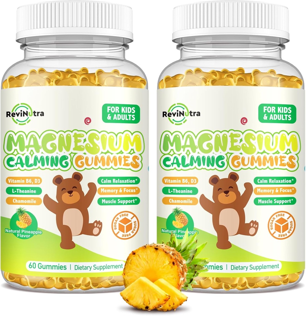 Magnesium Gummies for Kids - Magnesium Glycinate Gummies Supplement with L-Theanine, Vitamin B6, D3 for Adults & Kids, Calm Magnesium for Sleep, Relaxation, Brain,Bones,Sugar Free Pineapple 120ct