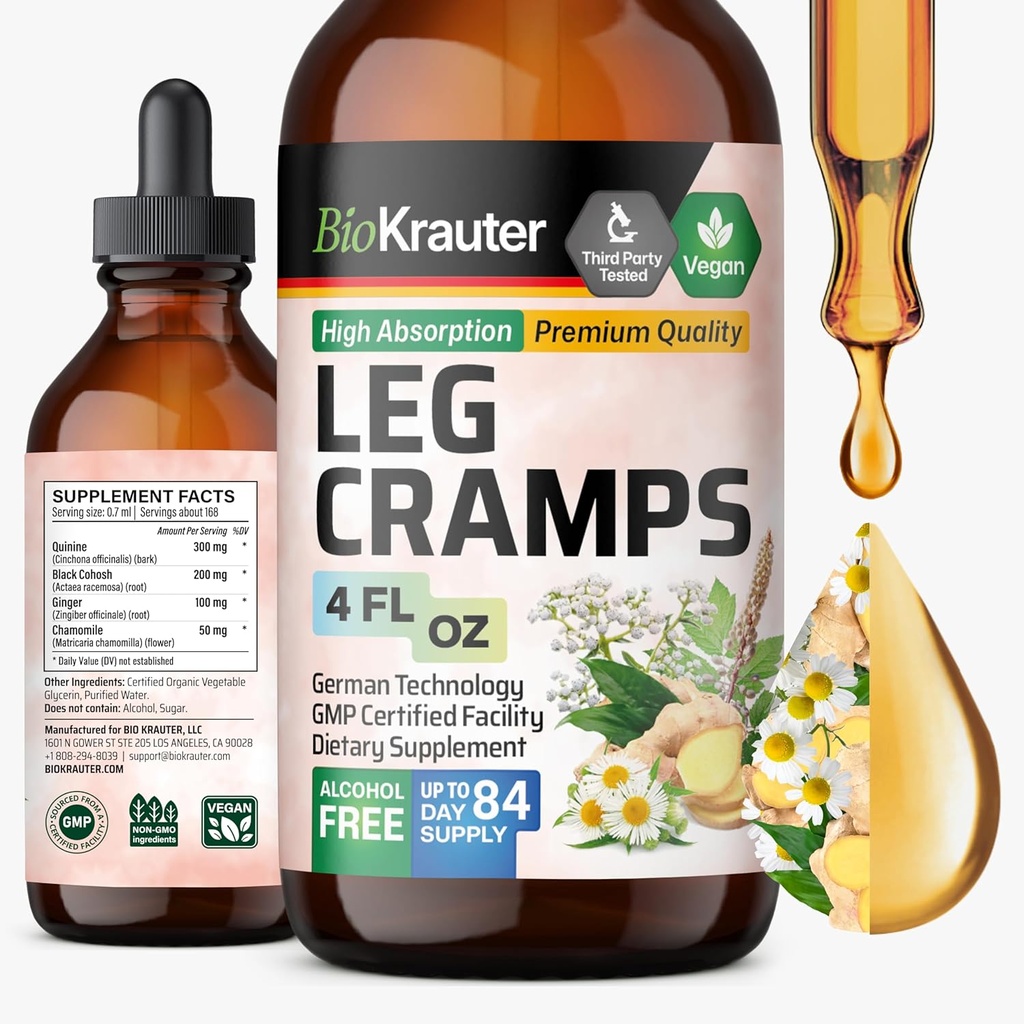 BIO KRAUTER 腿切片用昆宁- 姜汁和香蜜汁液提取法用于腿切片 - 天然酒精和糖无配方 - Vegan Drops 4 Fl.Oz.