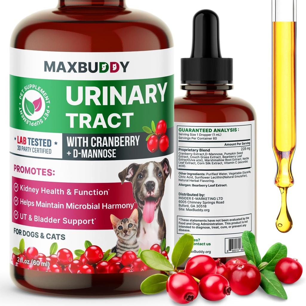 MaxBuddy Natural UTI 治疗支持 - Cranberry 尿道感染护理和预防援助 猫和狗 - 肾脏和血栓井补充液 - 支持尿液流