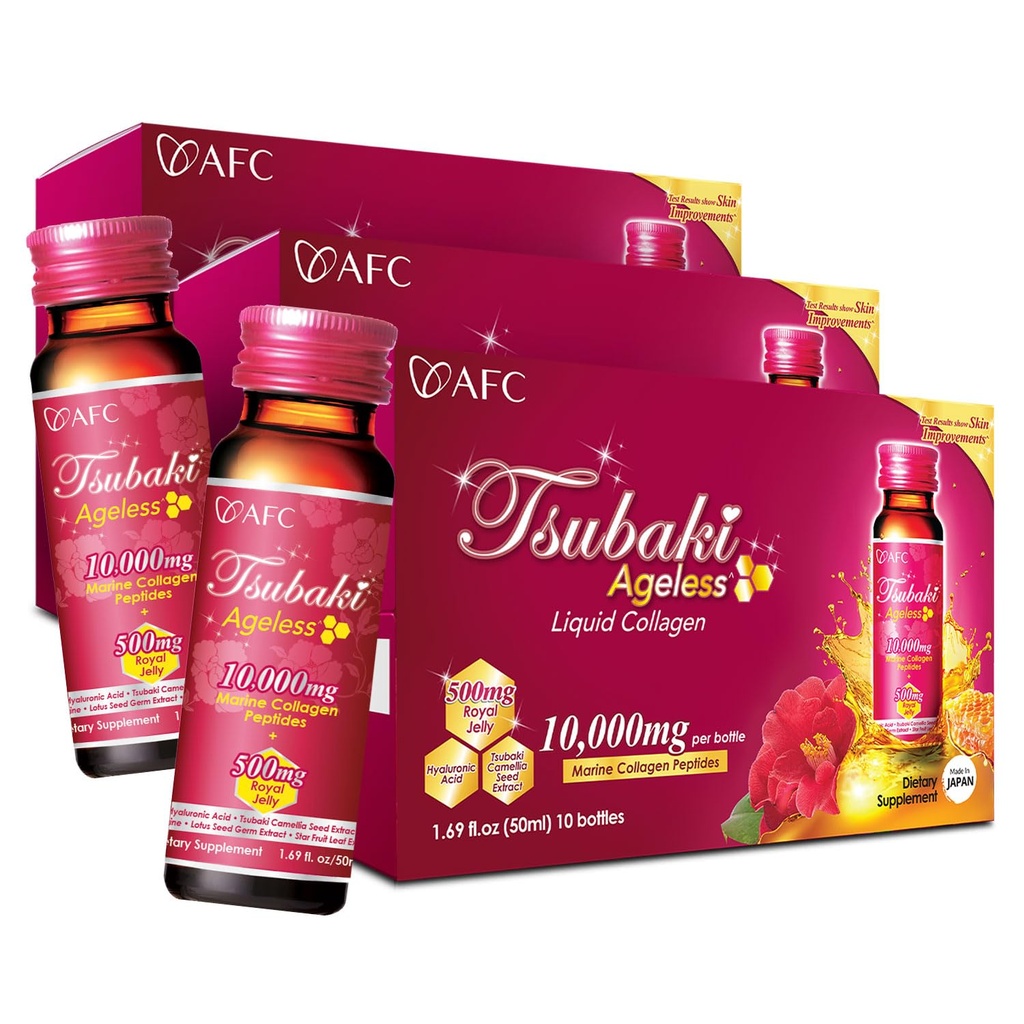 AFC Japan Tsubaki Alse Beauty Collagen Drinking from Japan 配以10,000mg 海洋Collagen Peptides + 500mg 皇家Jelly + Hyaluronic Acid + 维生素Bs & C 用于皮肤振兴 1.69fl.ozx10sx3