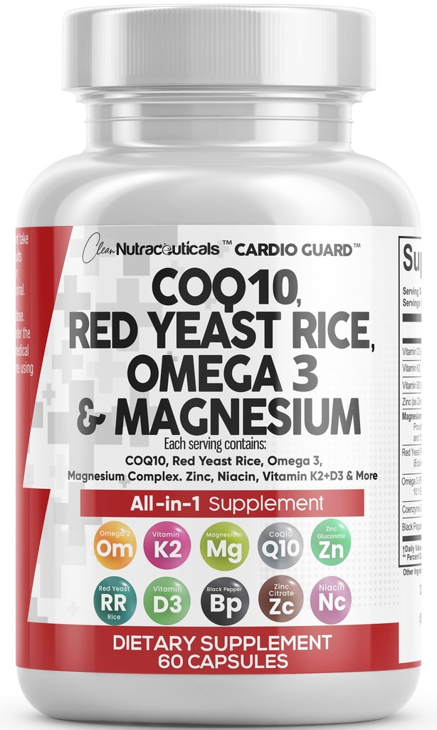 清洁营养素 COQ10 200mg 红酵母稻 Omega 3 Magnesium Complex 500mg Niacin Zinc 维生素 K2 D3 - 心脏支持女性和男性维生素 W/维生素 B3, Coenzyme Q10-60 Ct