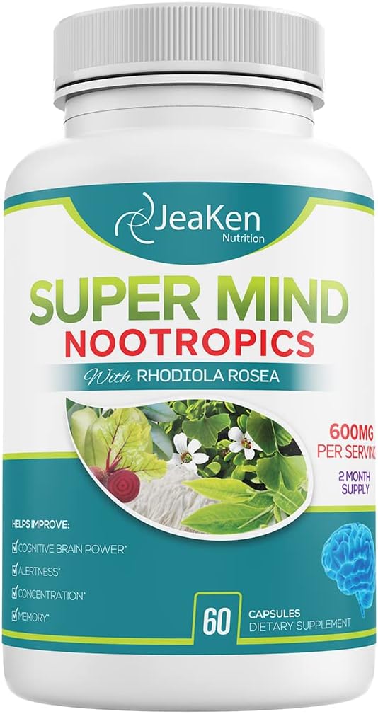 超級心智 - 诺托品认知增强剂 - 天然成份的大脑助推剂 - Bacopa Monnieri - Rhodiola Rosea - Ginkgo Biloba - 维生素 B12-60 Vegan Capsules在美国制造