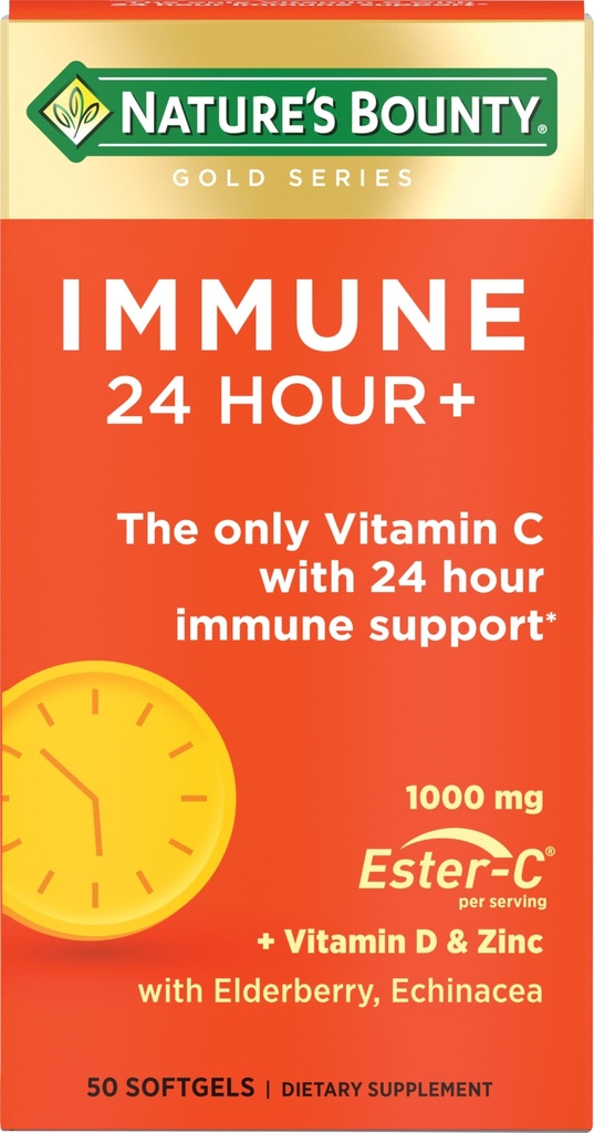24小时+,唯一一个有24小时Immun支持的维生素C来自Ester-C,1000毫克维生素C,D&Zinc,Gluten Free,快速释放软胶,每天2个软胶,50个计数