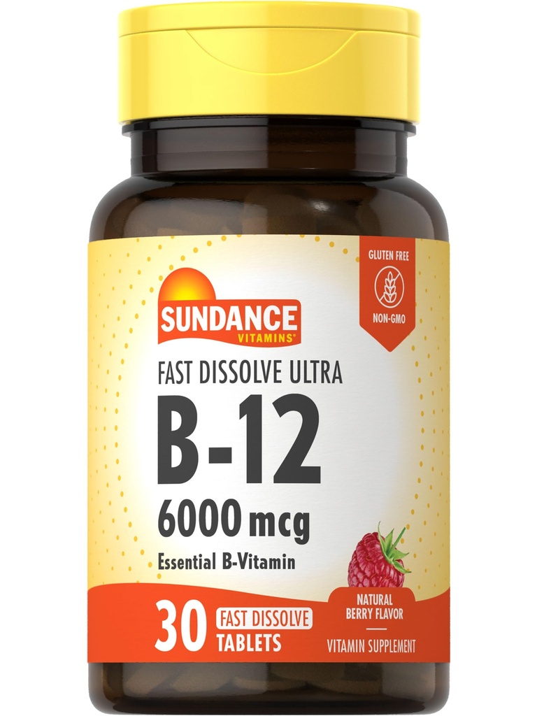 圣丹斯快速溶解维生素 B-12 + 6000mcg + 30 板块 + 天然贝里 Flavor + 蔬菜,Non-GMO 和 Gluten 免费补充