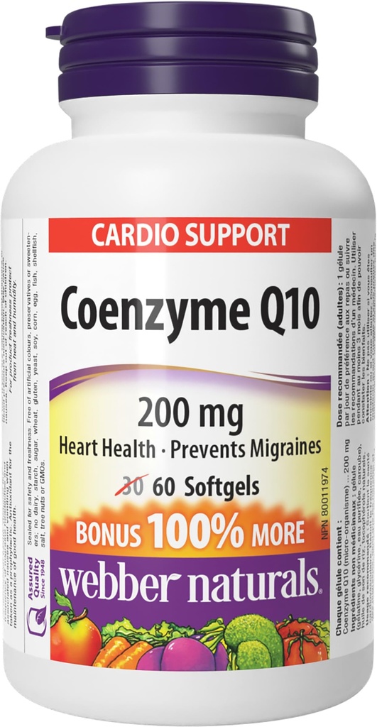 Webber Naturals Coenzyme Q10(CoQ10),200毫克,60软胶,高可能性抗氧化剂补充剂,用于心脏健康和细胞能量生产,60天供应,无胶