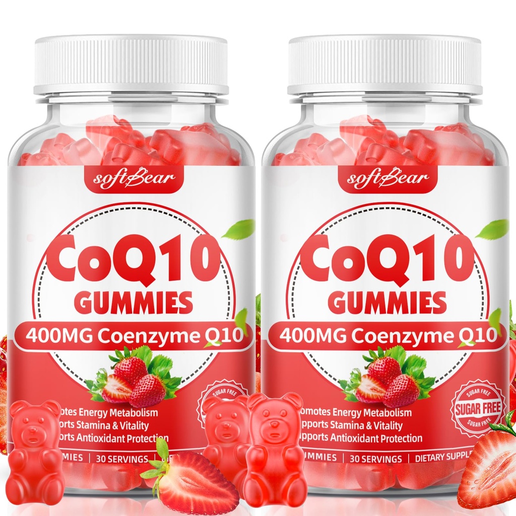 软熊 CoQ10 Gummys 400mg Coenzyme Q10 成人补充,高吸收coq10 + Omega-3, 镁, 细胞能量和抗氧化剂维生素B3和锌,草莓 Flavor 120 Counter