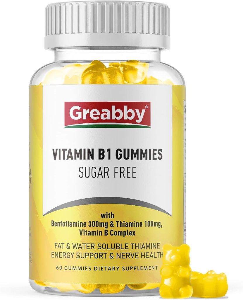 维生素B1 Gummys - Benfotiamine 300mg & Thiamine 100mg,无糖,维生素B 复合食品补充剂,能量靴和神经系统 女性健康,60 Gummys