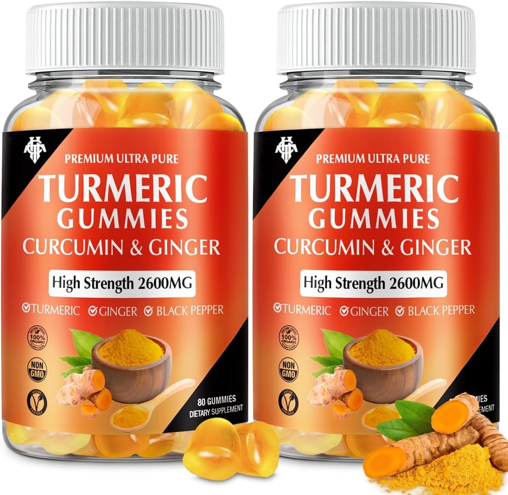 Turmeric Curcumin Gummys 配有 Ginger 和 Black Pepper Vegan Pectin 配有 Immune Boost, 健康皮肤和联合支持 成人和青少年的可烹饪补充剂(2-Pack)
