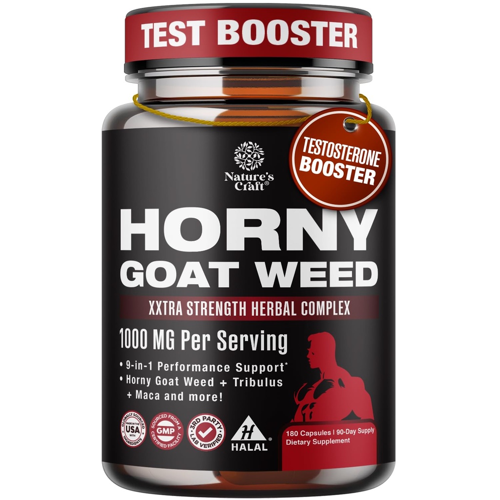 Horny Goat Weed for Men - 外力雄性补充剂 Black Maca Root, Tongkat Ali, Saw Palmetto & Panax Ginseng Extracts for Stamina & Energy - 180 Capsules