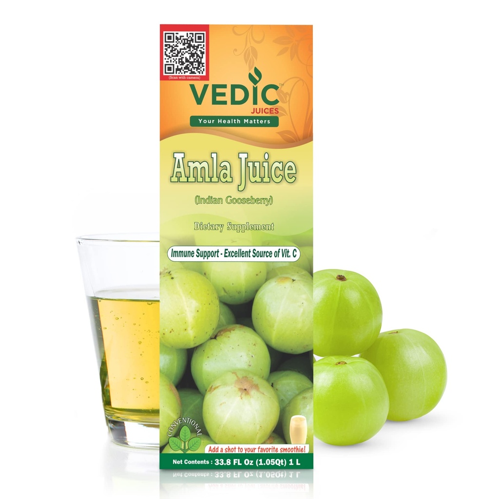 蔬菜果汁(Amla Juice),印度鹅莓(Gooseberry)添加维生素C,用于Gut健康,以及头发生长,草药饮料 - 1升