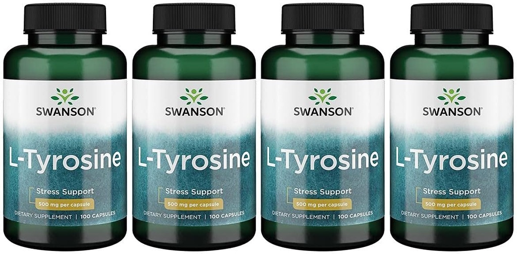 Swanson L-Tyrosine - 氨基酸补充剂促进压力支持,认知功能 - 帮助支持整体脑健康 - (100卡普尔,每包500毫克) 4 Pack