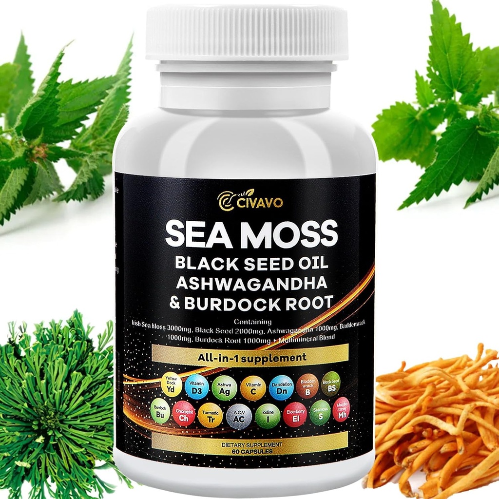 海 Moss 3000mg 黑种子油 2000mg Ashwagandha 1000mg Bladderwrack 1000mg 涡轮 1000mg Burdock 1000mg 维生素C & D3 长莓 Manuka Dandelion 黄码头 氯乙烯