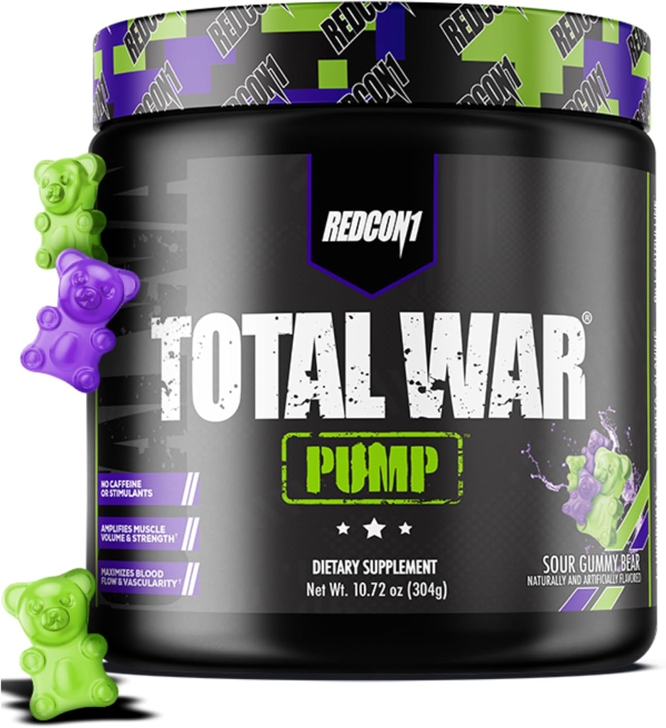 REDCON1 非兴奋剂和咖啡因 女性和男性免费工作前粉 - Total War Pump - 配L-Citrulline, Beta Alanine & More - 随时工作 - Sour Gummy Bear (10.72 oz)