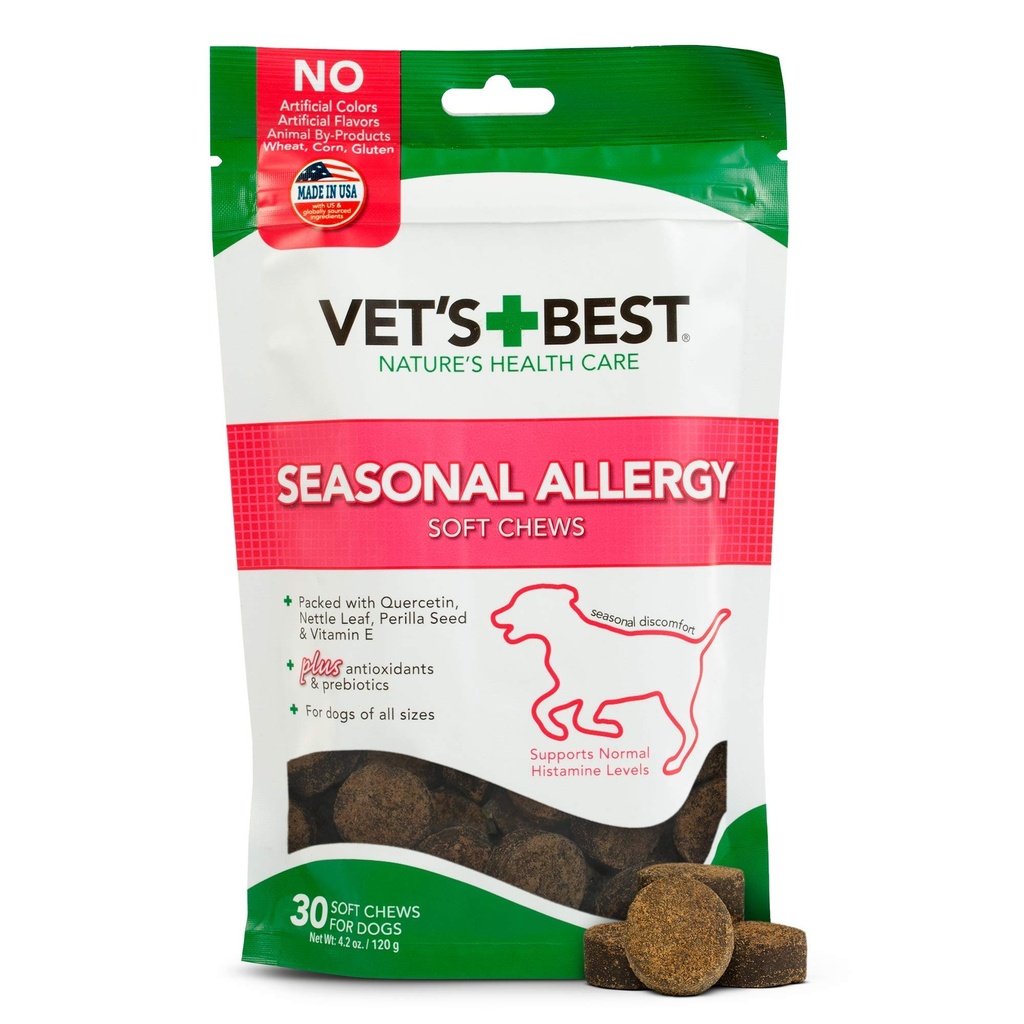 (原始内容存档于2018-05-21). Vet's Best Seasonal Allergy Soft Chew Dog Supplors, Soothes Dogs 皮肤刺激因季节性过敏症,30日供应.
