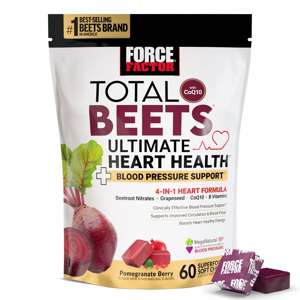 FORCE FACTOR 总 Beets Ultimate Heart Health Chews for Blood 压血支持,配有比特罗特粉,CoQ10,B维生素和葡萄籽提取血流和能量,石榴莓,60软汁