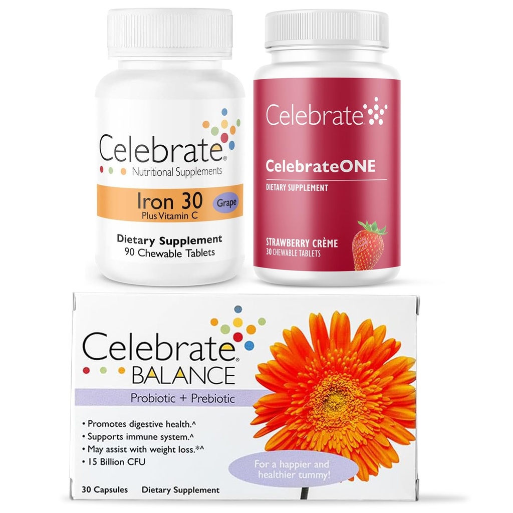 庆祝Bariaric 基本要素 包 – 庆祝多维明,铁与维生素C Chewables, & 平衡 Probiotic + Prebiotic – 对WLS患者的全面营养和消化支持
