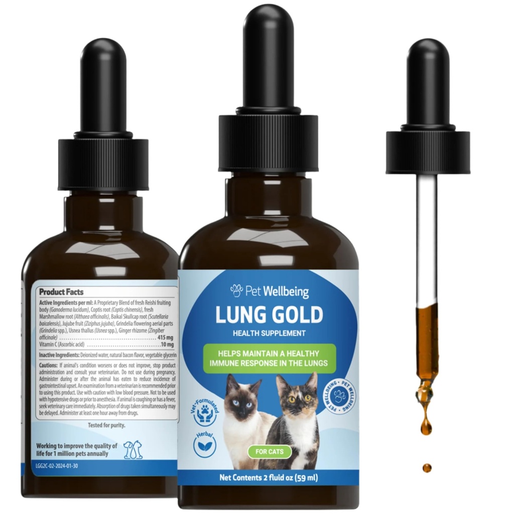 Pet Wellbeing Lung Gold for Cats - Lung Immune Support, Lower Respiratory Health, Open Airways, Normal Breathing, Reishi, Coptis - Veterinarian-Formulated Herbal Supplement - 2 oz (59 ml)