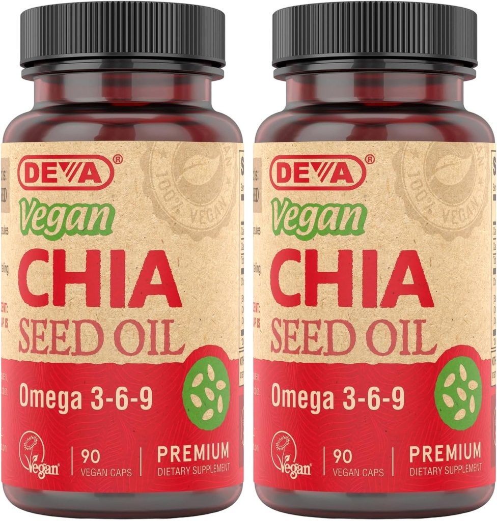 DEVA Vegan Vitamins Chia种子油,包装 Omega 3, 6, 9 & 其他基本脂肪酸,冷前置和未精炼,90 Capsules, (Pack of 2)