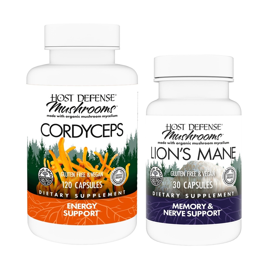 Host Defense Bundle with Cordyceps Capsules, 120 Counter & Lion's Mane Capsules, 30 Counter - 支持免疫健康与能源 - 支持脑健康,记忆与焦点*