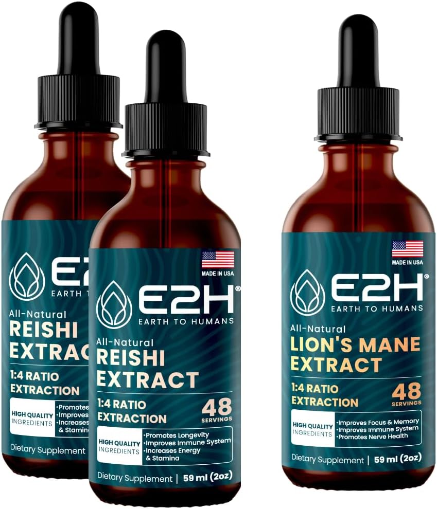 E2H:Reishi (2 Pack) & Lion's Mane extractions - 能源,长寿,认知锐度,豁免 - 非GMO,Vegan - 2 Fl Oz Each (6 Fl Oz 总计) - Bundle
