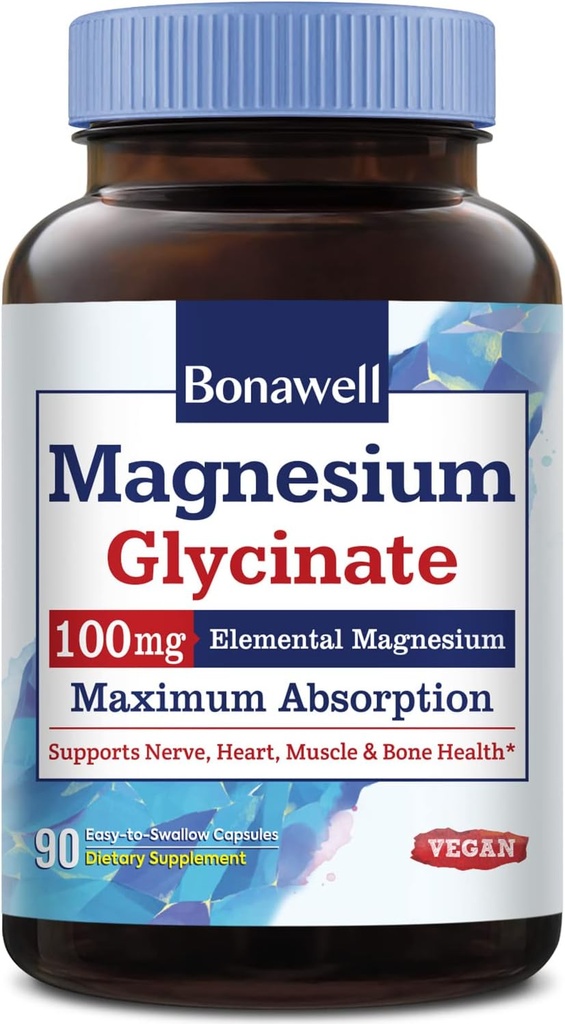Bonawell 镁甘化物、Chelated 镁补充剂、最佳生物利用率和吸收、无胶质、100mg元素镁、神经、心脏、肌肉健康和放松、90Vegan Capsules