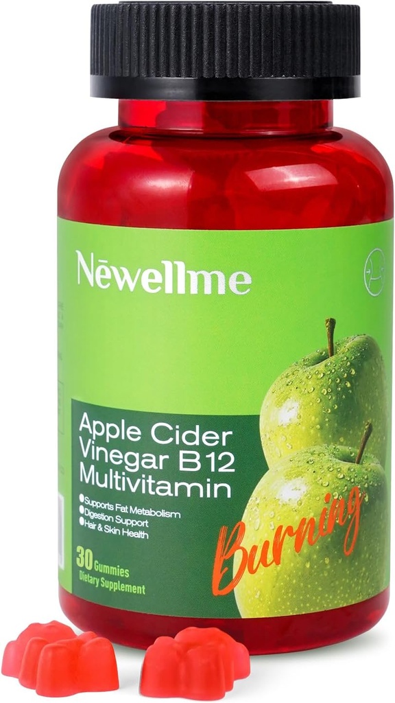 NEWELLME Apple 苹果苹果葡萄酒 葡萄酒 葡萄酒 B12 多维塔明,ACV 补充Gummy Vitamins, Vegetarian Supple for Men and Men, Non GMO, 支持正常能量水平和Gut Health 30 Gummys (30)