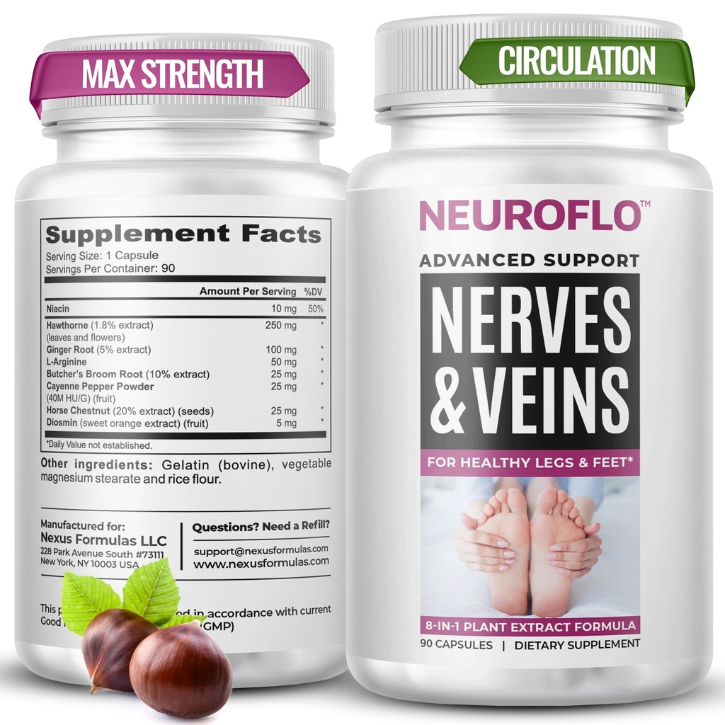 Mizzle Leg Circulation Supplement - Supports Nerves, Veins with 1470mg, 8 in 1 Capsule of Chestnut, Diosmin, Hawthorn for Maximum Relief in Toes, Feet, Ankles, Calves, Legs - Neuroflo