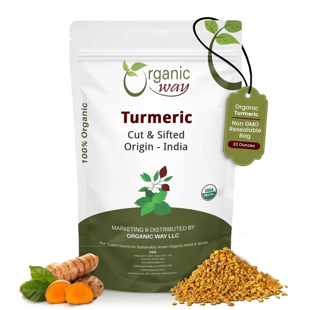 有机方式 Turmeric/Haldi root Cut & Sifted (Curcuma Longa) - 草药茶 | Kosher & UDA 认证 | Vegan, Non-GMO & Gluten Free | 100% Raw from India (2LBS / 32Oz.