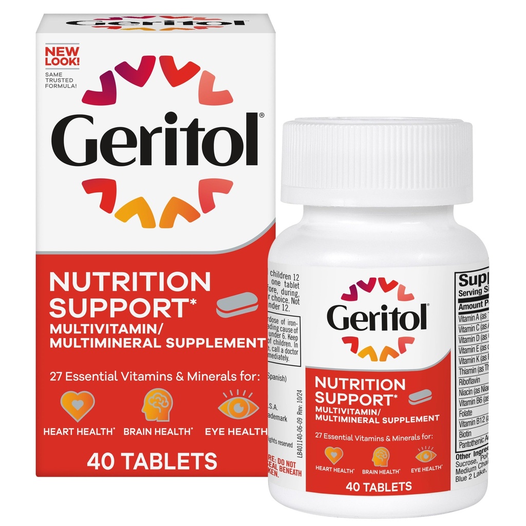 Geritol,多维他命补充剂,含有B-维生素、抗氧化剂、维生素C、E-D和铁、26种基本维生素和矿物、无葡萄糖、非GMO、无人工甜剂、40片
