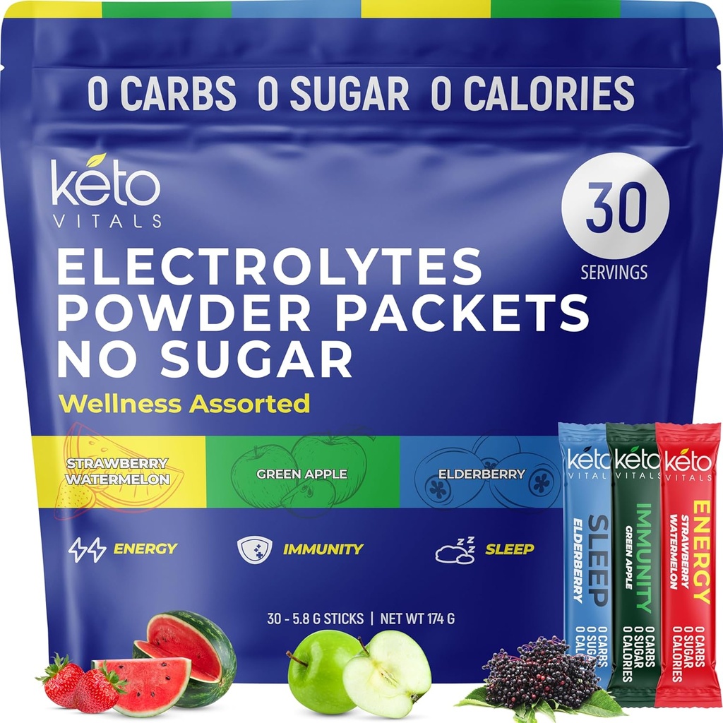 Keto Virtuals Electrolytes Powder Packets with Energy, unition, 睡眠加益 QQ bost Energy, 强化豁免, 增强睡眠 QQ零糖, 零碳, 零卡路里