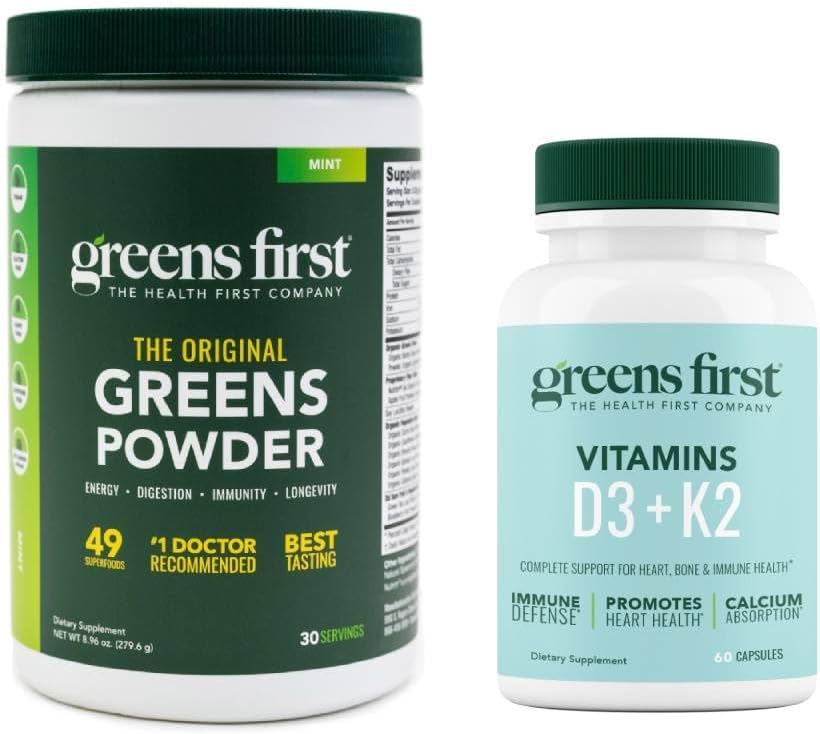 绿地第一 - 薄荷 - 30种服务 - 绿地粉超级食品,49种超食品,15+有机水果和蔬菜,乳品免费,Vegan & Non-GMO - 9.86 oz和D3+K2 维生素,60种蔬菜卡普尔